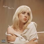 Billie Eilishs Happier Than Ever album cover featuring a tearful vintage-style portrait.