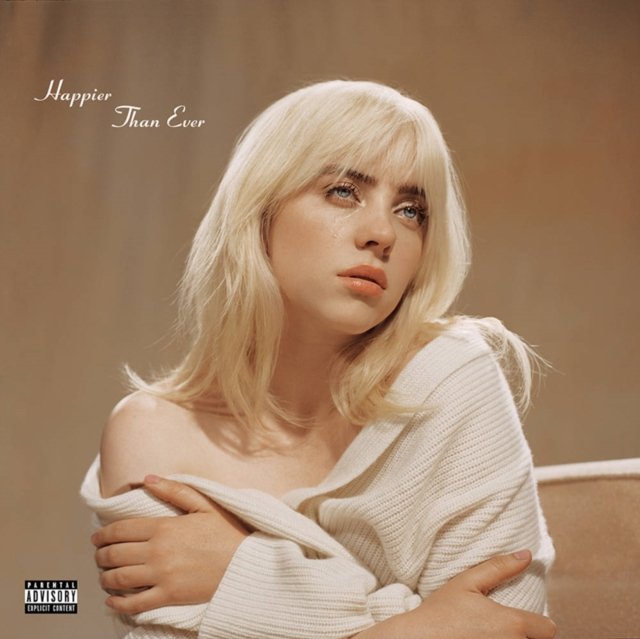 Billie Eilishs Happier Than Ever album cover featuring a tearful vintage-style portrait.