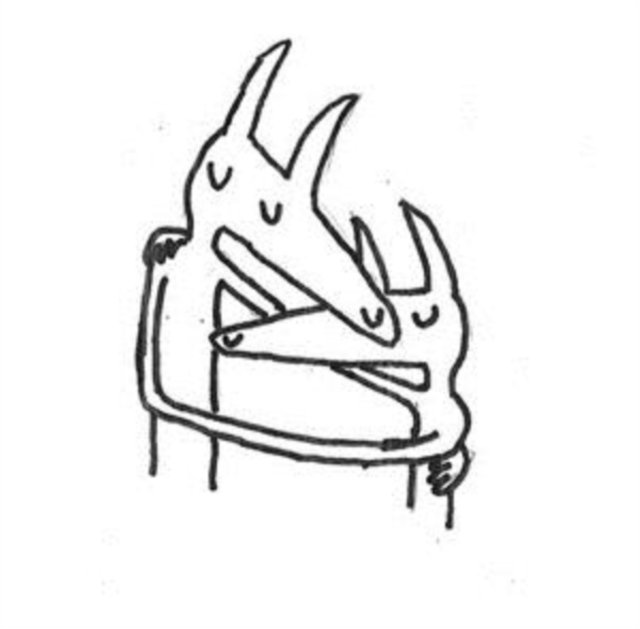 Minimalist black and white line art of two creatures in a tender embrace.
