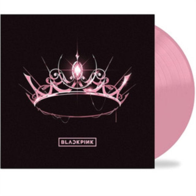 Blackpinks The Album pink vinyl record with a black sleeve featuring a pink crown.