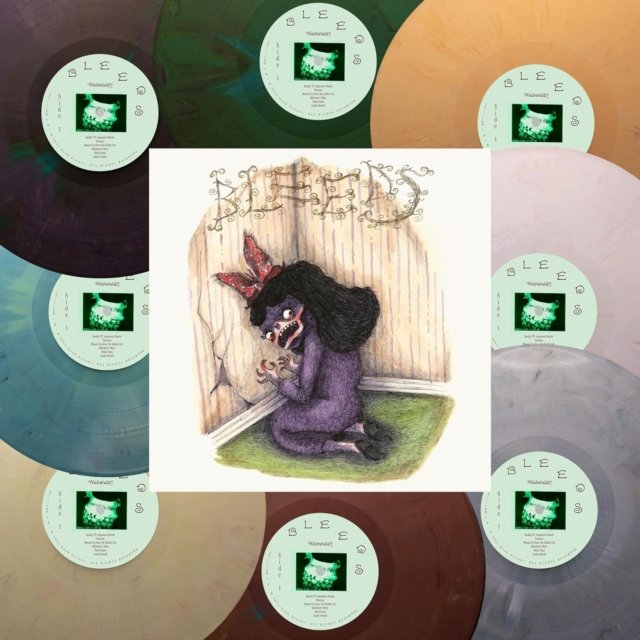 BLEEDS album cover surrounded by eight colorful vinyl record variants.