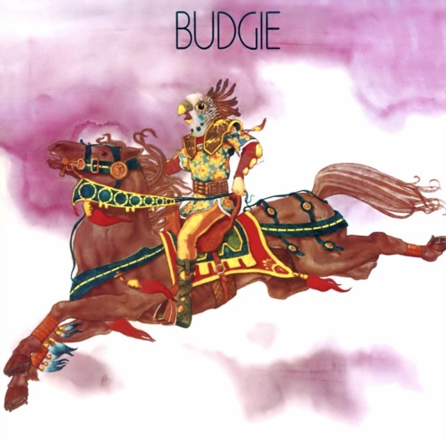 Surreal fantasy illustration of a budgie-headed knight riding a leaping brown horse.
