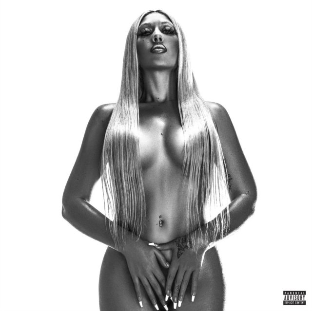 Black and white music album cover portrait of a woman with long hair.