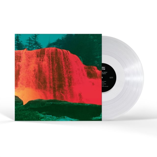 Clear vinyl record mockup featuring a vibrant red waterfall album cover.