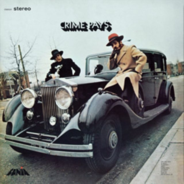 Crime Pays album cover featuring Willie Colón and Héctor Lavoe posed with a vintage car.