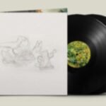Double vinyl LP album mockup with a white artwork cover and two black records.