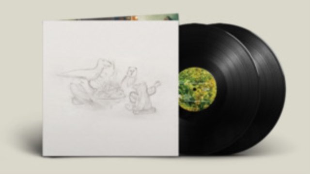 Double vinyl LP album mockup with a white artwork cover and two black records.