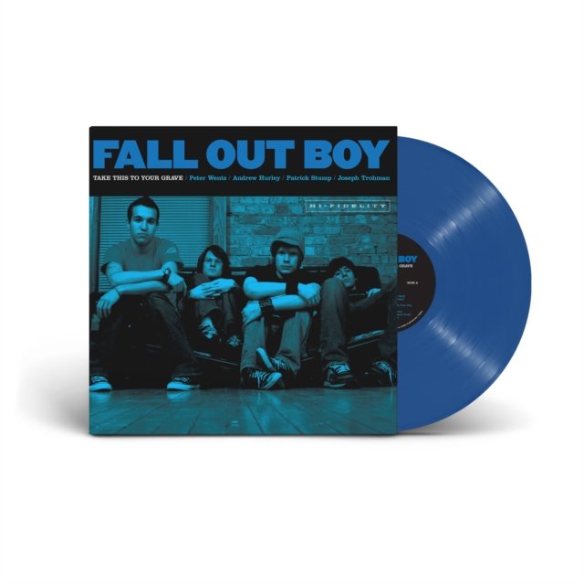 Fall Out Boy Take This to Your Grave blue vinyl record with album sleeve.