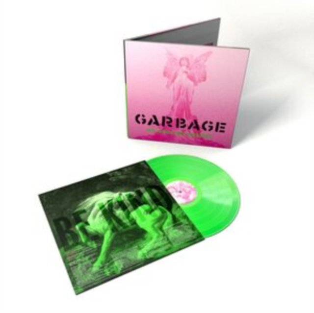 Garbage vinyl record album mockup featuring a pink cover and neon green vinyl disc.