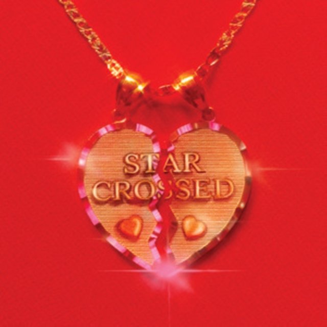 Gold broken heart pendant reading Star Crossed on a vibrant red background.