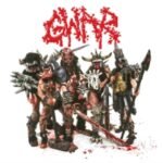 Promotional portrait of heavy metal band GWAR in full monster costumes with weapons.
