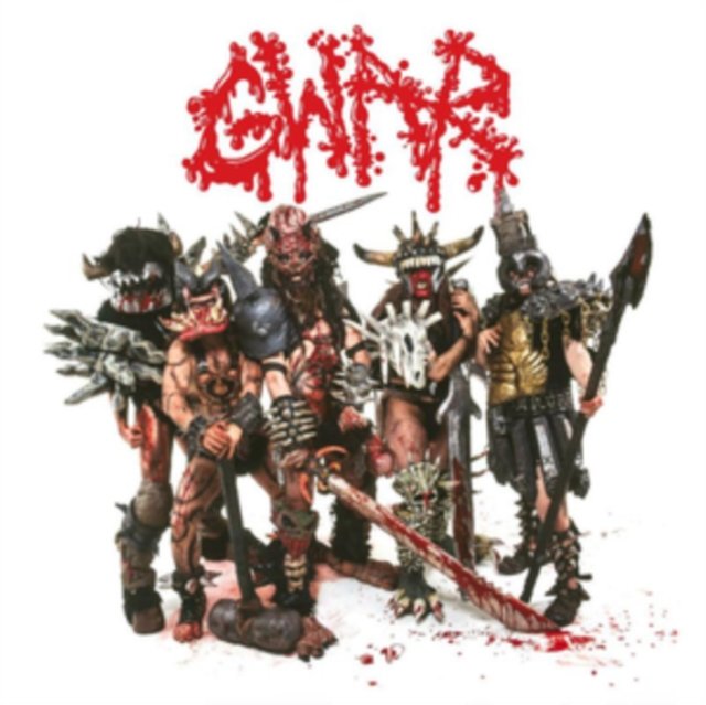 Promotional portrait of heavy metal band GWAR in full monster costumes with weapons.