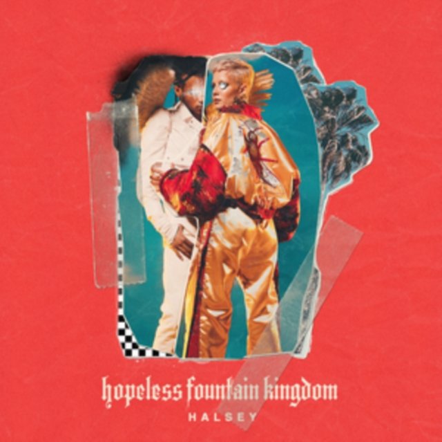 Album cover for Halseys Hopeless Fountain Kingdom featuring a taped collage on red background.