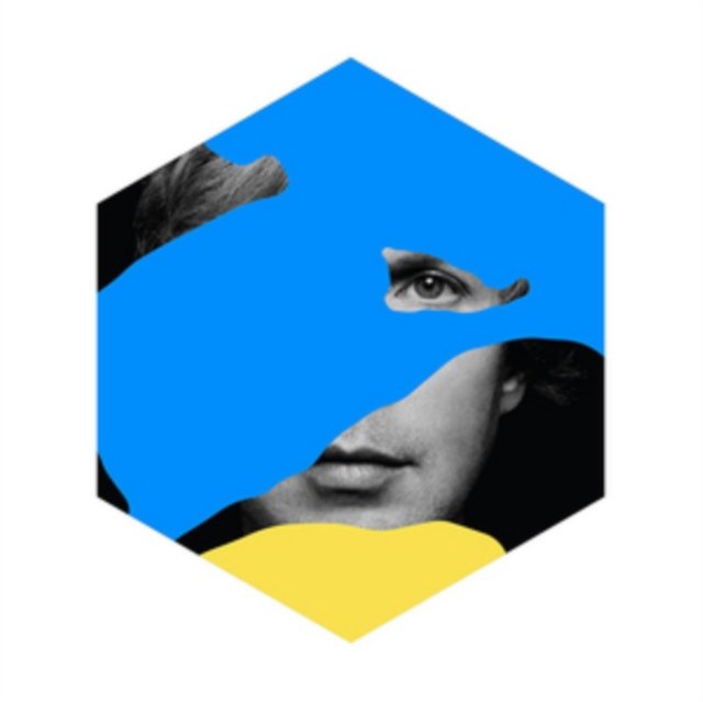 Pop art hexagon collage featuring a monochrome portrait with blue and yellow abstract shapes.