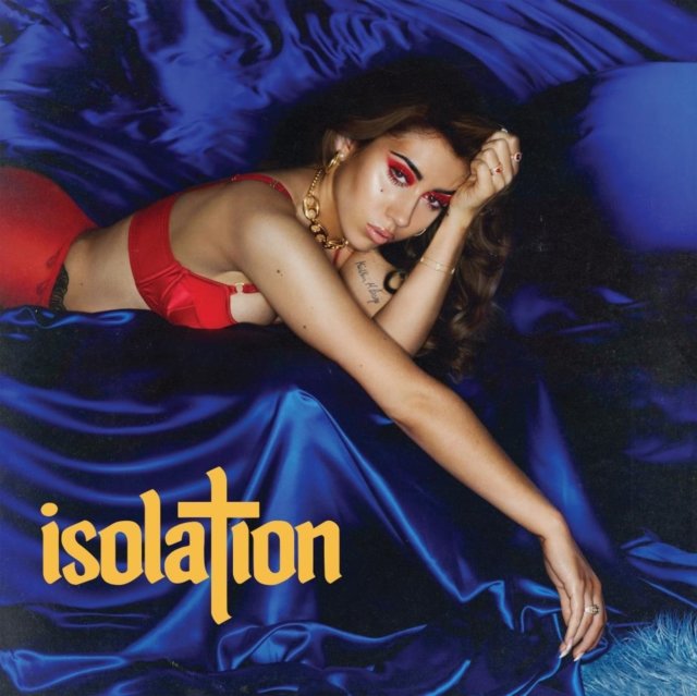 Kali Uchis posing in red lingerie on blue satin for her Isolation album cover.
