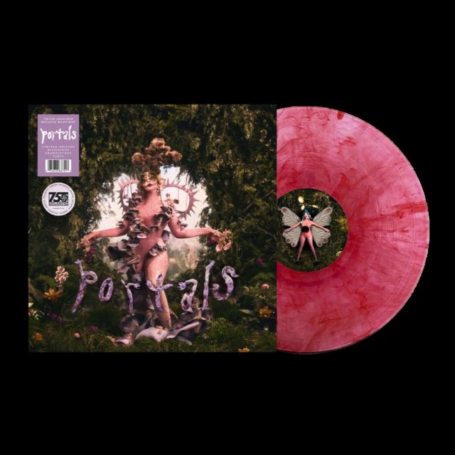 Melanie Martinez Portals album cover and marbled pink vinyl record.