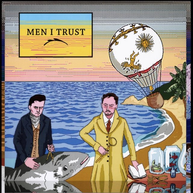 Surreal vintage album art for Men I Trust featuring Victorian scientists measuring a shark.