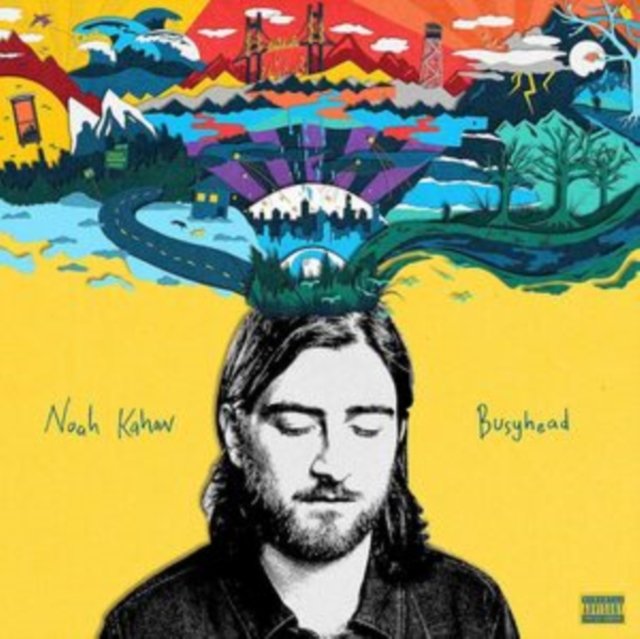 Album cover for Noah Kahans Busyhead featuring colorful surreal artwork above his portrait.