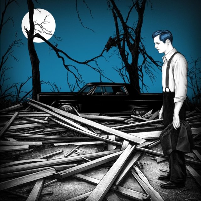 0810074420891.jpg Noir graphic illustration of a sorrowful man near wooden debris, vintage car, and full moon.