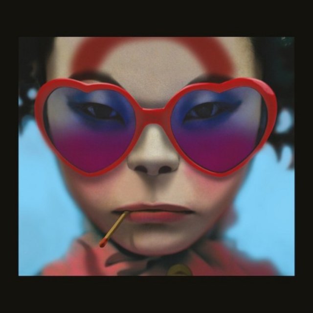 3D portrait of Noodle from Gorillaz wearing red heart-shaped sunglasses with a matchstick.