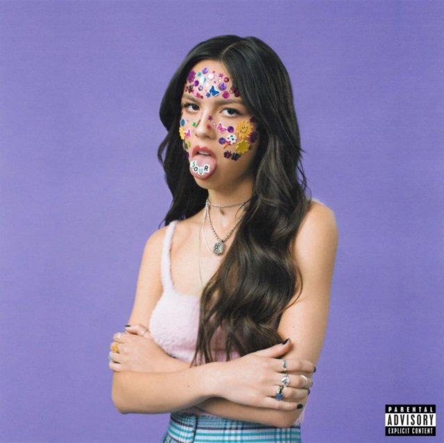 Olivia Rodrigo SOUR album cover featuring facial stickers on a purple background.