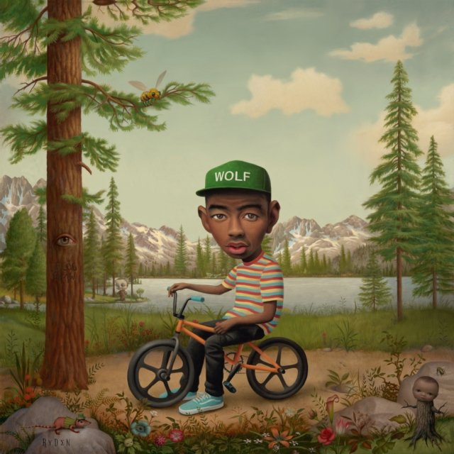 Pop-surrealist painting of a young Black man riding a small orange BMX bike.