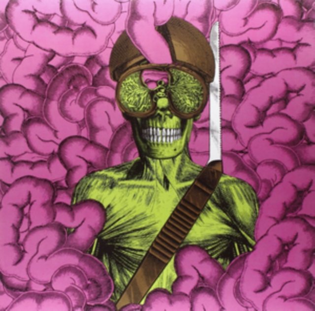 Psychedelic zombie skull illustration with goggles set against a pink brain background.