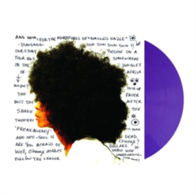 Purple vinyl record protruding from an album cover featuring an artistic afro silhouette.