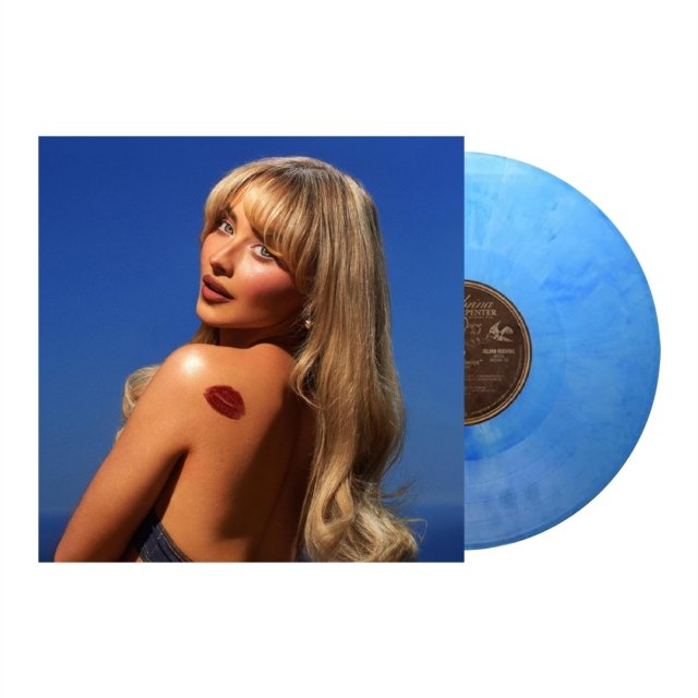 Sabrina Carpenter Short n Sweet album cover and blue marbled vinyl record.