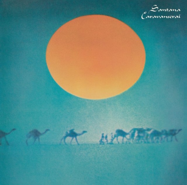 Santana Caravanserai album cover featuring a giant glowing sun and desert camel caravan.