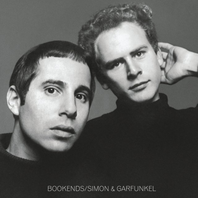 Black-and-white album cover portrait of Paul Simon and Art Garfunkel for Bookends.