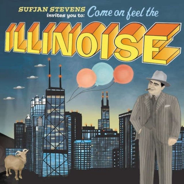 Album cover artwork for Sufjan Stevens Illinois, featuring a retro Chicago skyline.