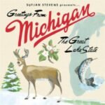 Sufjan Stevens Michigan album cover artwork designed as a vintage souvenir postcard.