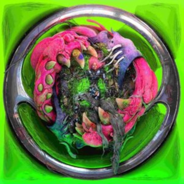 Surreal biomorphic alien artwork featuring vibrant pink organic textures in a chrome ring.