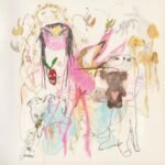 Surreal mixed-media artwork featuring a pink-faced figure, teddy bear, and yellow mushrooms.