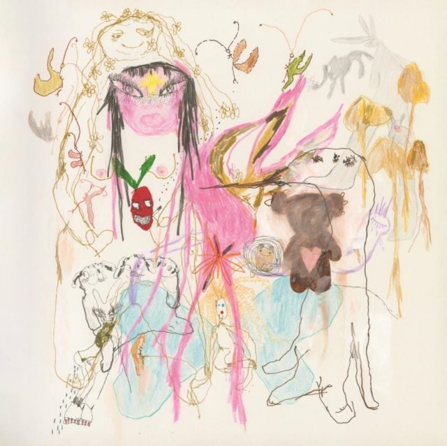 Surreal mixed-media artwork featuring a pink-faced figure, teddy bear, and yellow mushrooms.