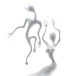 Two surreal white fluid figures engaged in a graceful, minimalist dance.