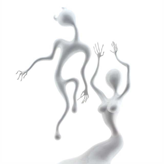Two surreal white fluid figures engaged in a graceful, minimalist dance.