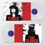 T. Rex The Slider vinyl record reissue featuring album covers, red inserts, and white disc.