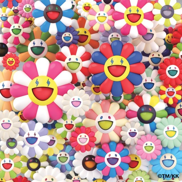 Colorful pop art collage of Takashi Murakami 3D smiling flowers.
