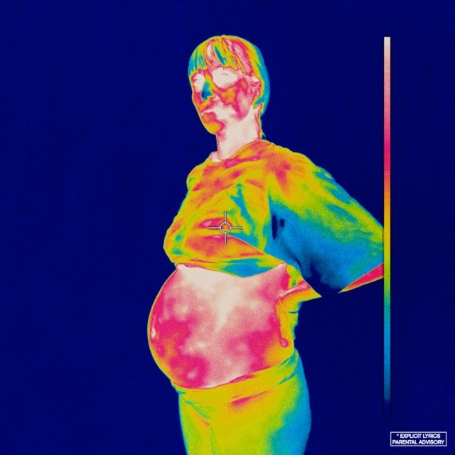 Thermal heat map portrait of a pregnant person in glowing neon colors.
