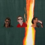 Painterly artwork depicting three figures beside a blazing pillar of fire.