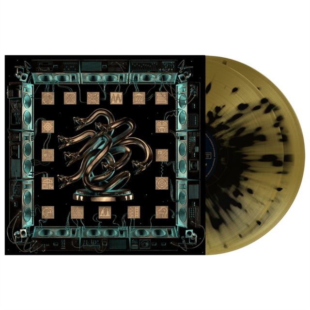 Vinyl album cover sleeve with sci-fi artwork and amber splatter vinyl record.