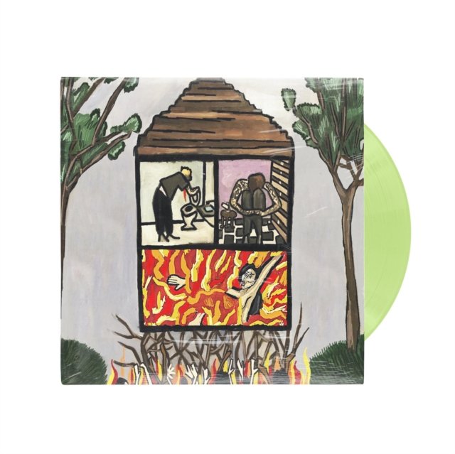 Lime green vinyl record emerging from an album cover featuring a burning house.