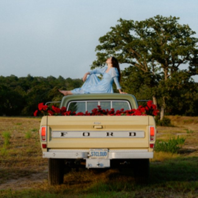 Woman in a blue dress relaxing on top of a vintage Ford pickup truck.